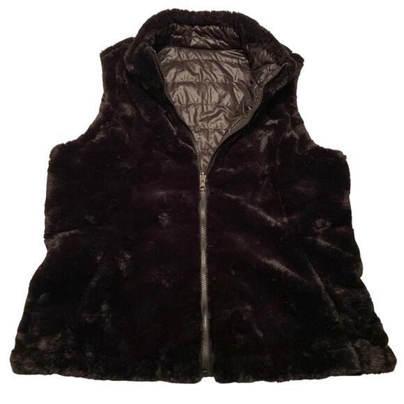 NICOLE MILLER ORIGINAL Womens Vest Medium Reversible Faux Fur Black Minimalist - Picture 11 of 12
